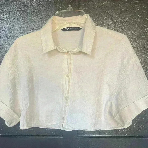 Zara Cropped Button Down Beige Cream Top Size Small - Picture 1 of 6